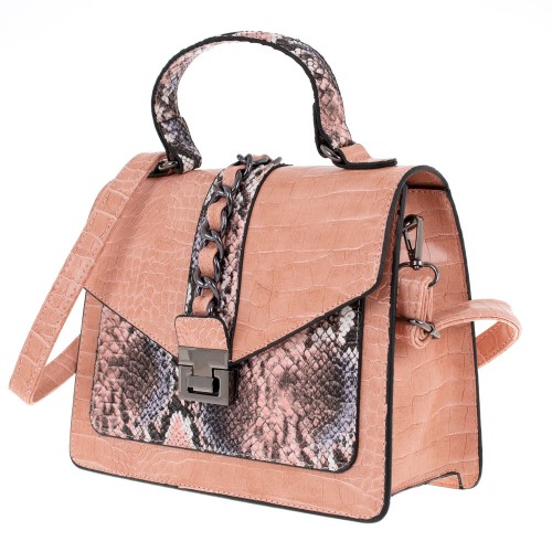 Малка дамска чанта PAULA VENTI модел ROMANS еко кожа розов кроко със змийски елемент